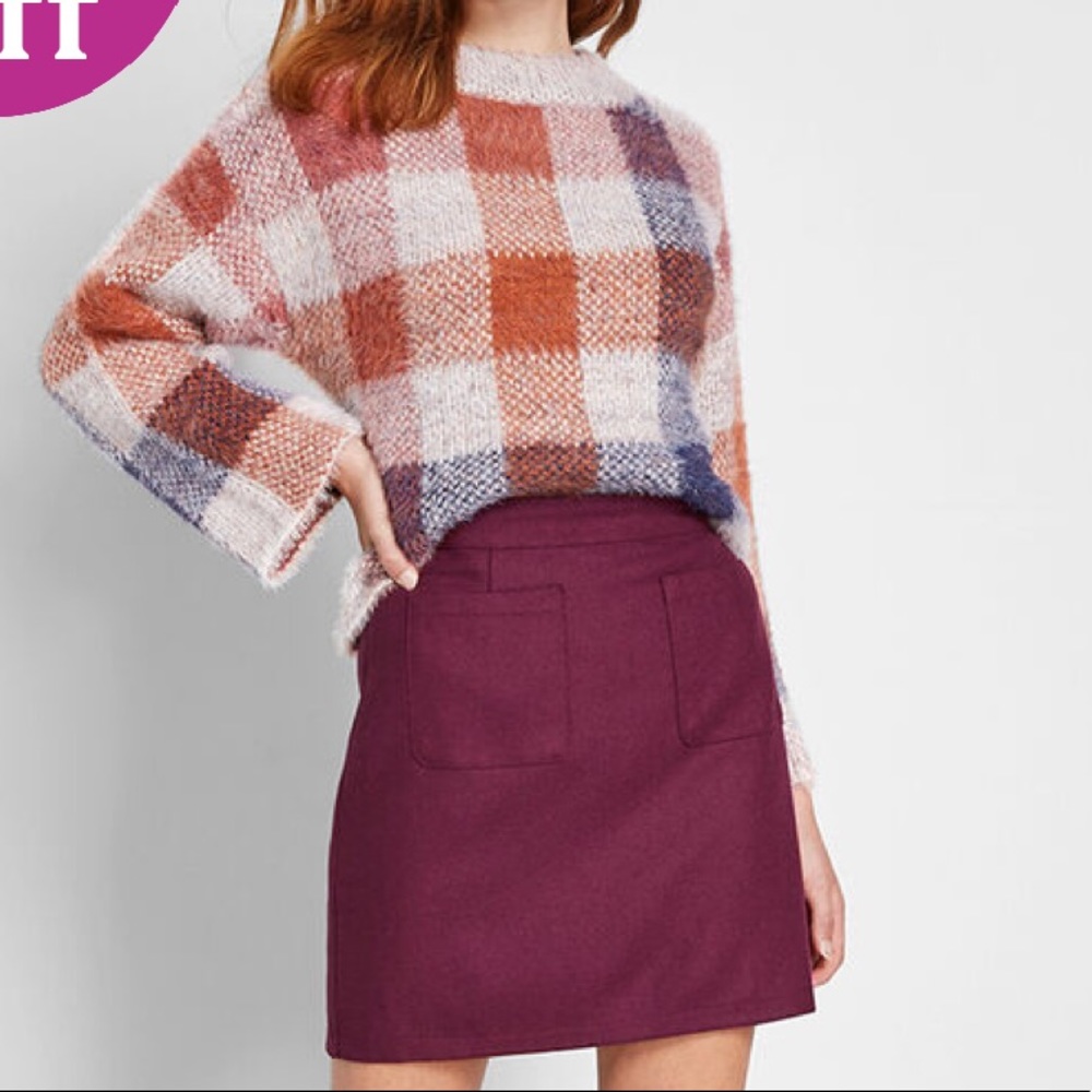 EUC ModCloth Vintage Red Blue Plaid Fuzzy Sweater